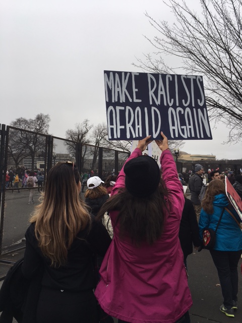 A woman raises a sign reading "Make racists afraid again" as she heads toward the National Mall for the Women's March on Washington on Saturday, Jan. 21, 2017. (WTOP/Jenny Glick)