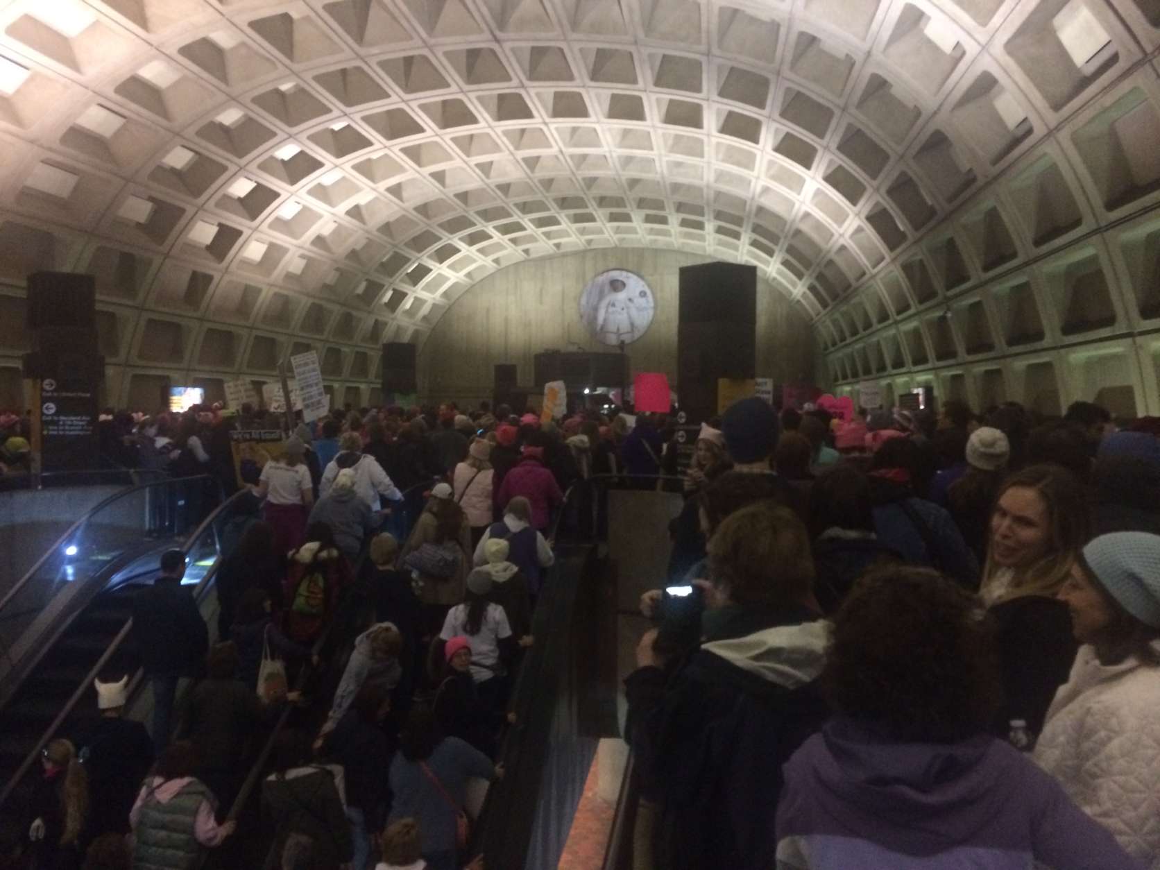 Crowds flood L'Enfant Plaza Metro station as people head toward the Women's March on Washington on Saturday, Jan. 21, 2017. (Courtesy Lauren Dunne)