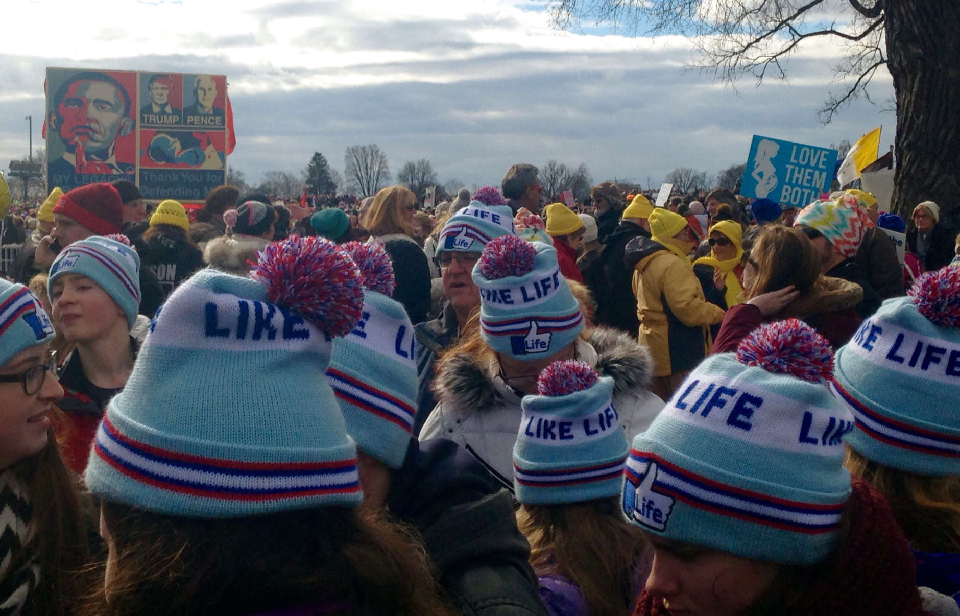 A group of people wearing "Like Life" hats attend the annual March for Life on the National Mall on Friday, Jan. 27, 2017. (WTOP/Megan Cloherty)