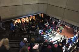 Large crowds from the Women's March on Washington pack the platform for Blue, Orange and Silver Line trains at Metro Center on Saturday, Jan. 21, 2017. (WTOP/Max Smith)
