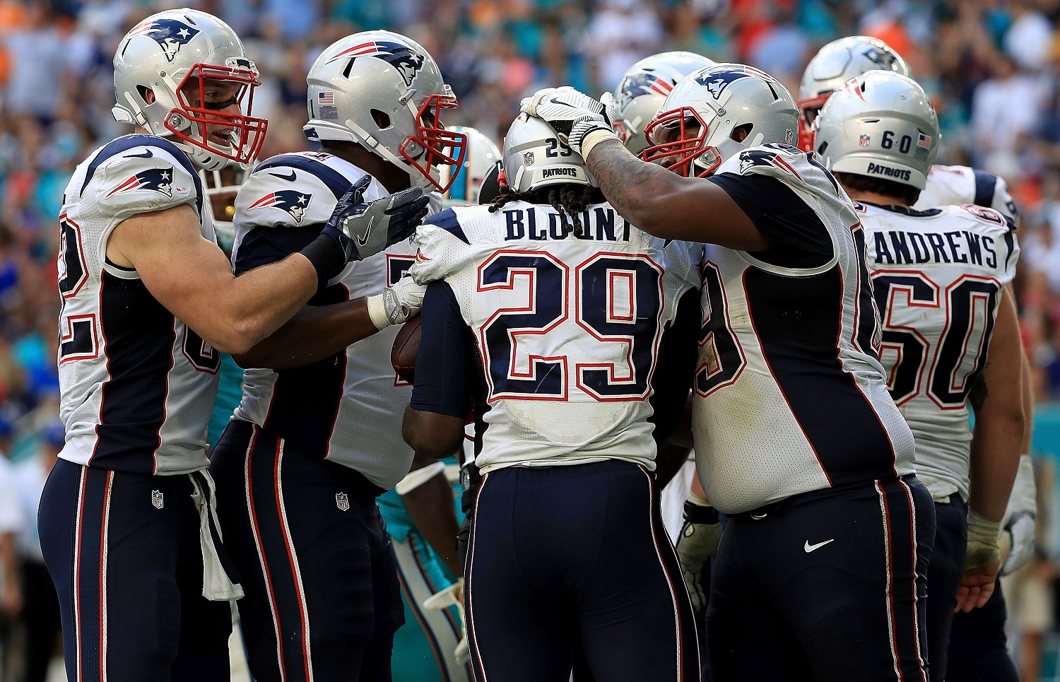 MIAMI GARDENS, FL - JANUARY 01:  LeGarrette Blount #29 of the New England Patriots celebrates a touchdown during a game against the Miami Dolphins at Hard Rock Stadium on January 1, 2017 in Miami Gardens, Florida.  (Photo by Mike Ehrmann/Getty Images)