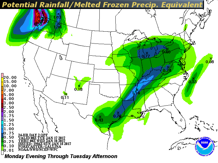 These maps show the potential rainfall amounts for the country (including the melted equivalent, i.e. what would the amount be if it were rain, not snow/ice) according to the Weather Prediction Center. Notice the heaviest amounts in the South and then the Pacific Northwest and the Rockies. Amounts here are not that excessive, but toward the end of the week there is the swath heading our way. As noted early, there are still uncertainties as to when it starts here on Friday. Amounts are in inches.

(Weather Prediction Center, NOAA)
