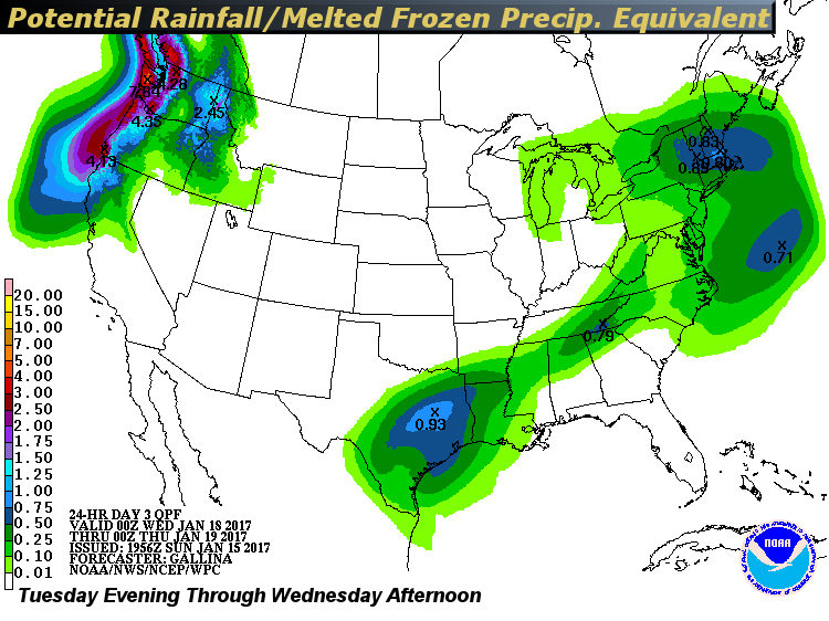These maps show the potential rainfall amounts for the country (including the melted equivalent, i.e. what would the amount be if it were rain, not snow/ice) according to the Weather Prediction Center. Notice the heaviest amounts in the South and then the Pacific Northwest and the Rockies. Amounts here are not that excessive, but toward the end of the week there is the swath heading our way. As noted early, there are still uncertainties as to when it starts here on Friday. Amounts are in inches. (Weather Prediction Center, NOAA)
