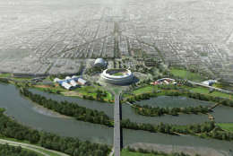 An aerial rendering of the short-term RFK site plans. (Courtesy OMA/Events DC)