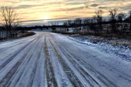 Snow is seen on a snowy Virginia road on Jan. 6, 2017. (WTOP/Neal Augenstein)