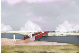 The proposed bridge from the south tip of Heritage Island to the RFK site. (Courtesy: OMA/Events DC)