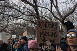 Throngs of people demonstrated outside the White House on Sunday, Jan. 29, 2017, in protest of President Donald Trump's ban on refugees from seven countries. (WTOP/Liz Anderson)
