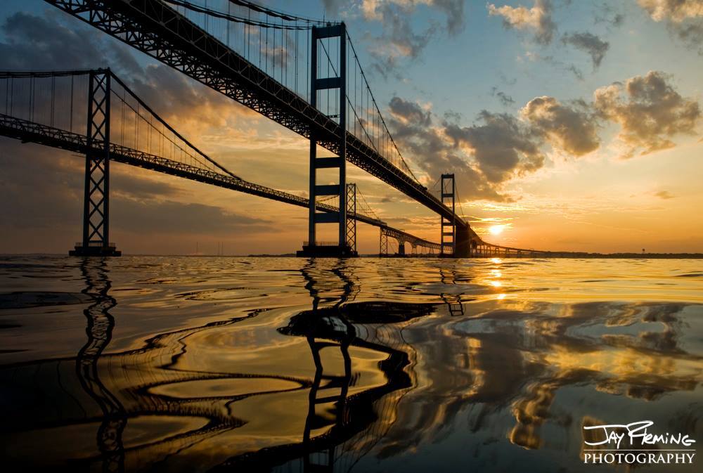 Sunset silhouettes the Chesapeake Bay Bridge. Annapolis 