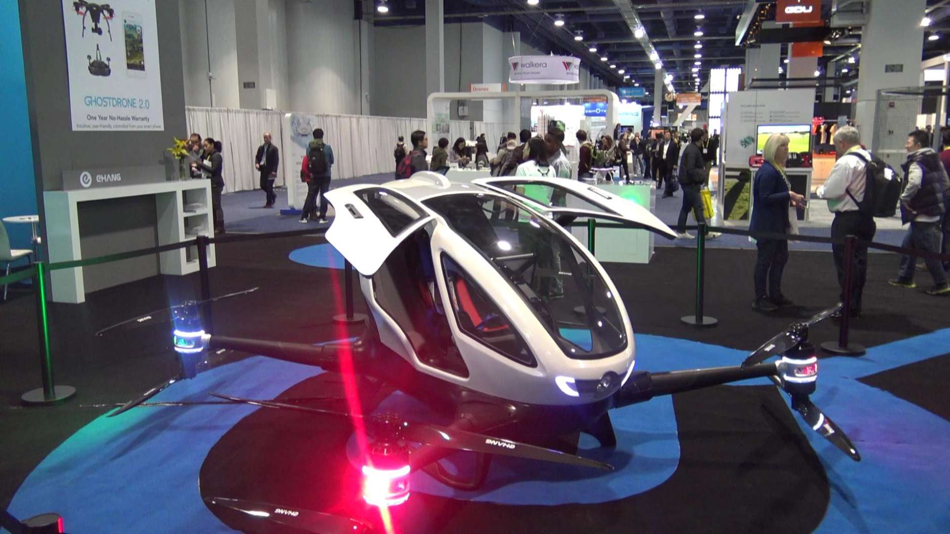 A startup from France called REVA2, which is designing a fleet of driverless vehicles that can be accessed by smartphone, tablet or PC, is also experimenting with transport that takes to the skies. (WTOP/Kenny Fried)