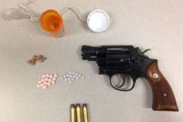 Anne Arundel County Police recovered 38 various OxyContin pills and a stolen .38 caliber Smith & Wesson revolver on December 9, 2016 after an altercation at a Denny’s Restaurant in Glen Burnie. The suspect was charged with attempted robbery and assault, along with other drug, weapons and theft charges. (Courtesy Anne Arundel County Police)