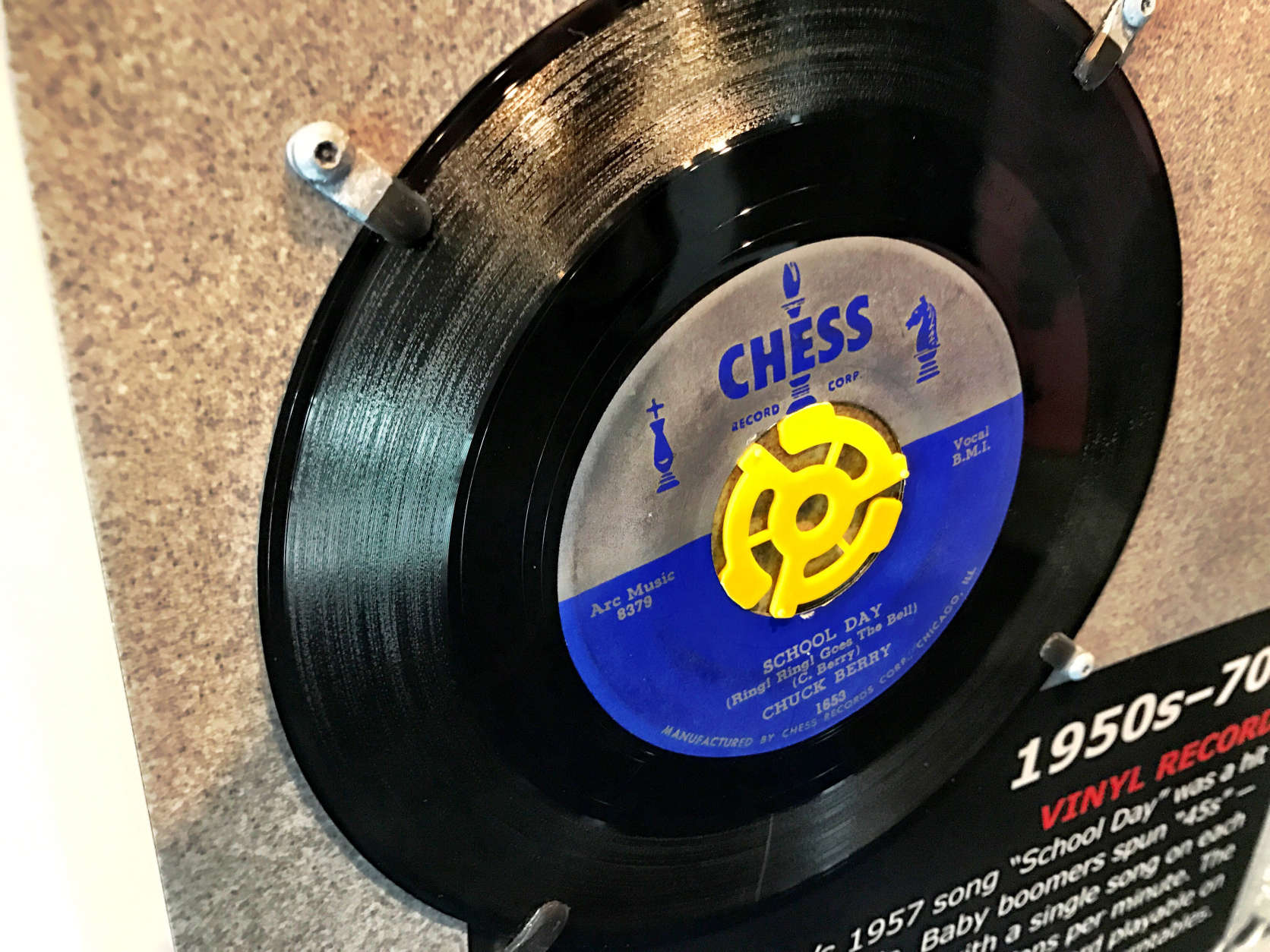 "Hail, hail rock and roll" -- Chuck Berry's 'School Days' 45 rpm record on display. From the 1950s through the 1970s, singles offered an inexpensive way for young people to own music. (WTOP/Neal Augenstein)