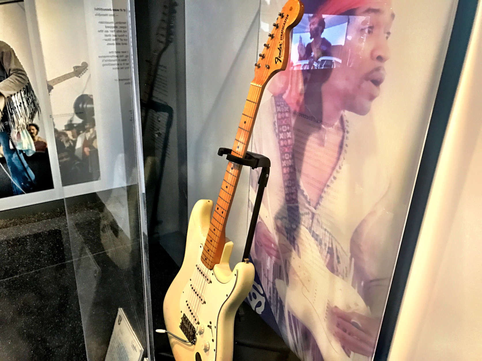 The Fender Stratocaster guitar Jimi Hendrix used to play the Star Spangled Banner at Woodstock, on display at the Newseum. (WTOP/Neal Augenstein