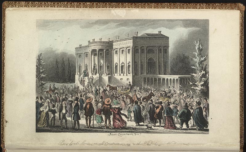This frontispiece illustrates the raucousness of the crowd in front of the White House at Andrew Jackson's first inaugural reception in 1829. During the inaugural festivities, the rowdy mob broke windows, tore down curtains, and stood upon the furniture in their muddy boots. Servants dragged tubs of punch onto the lawn to draw the unruly mob out of the president's house in order to minimize the destruction.