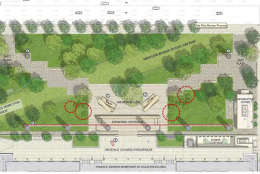 The trees highlighted with a red border are marked for removal in the proposal to improve the sight lines to the memorial tapestry. (Courtesy National Capital Planning Commission)