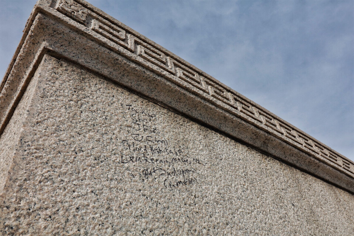 Graffiti is shown here scrawled on the Lincoln Memorial. (WTOP/Kate Ryan)