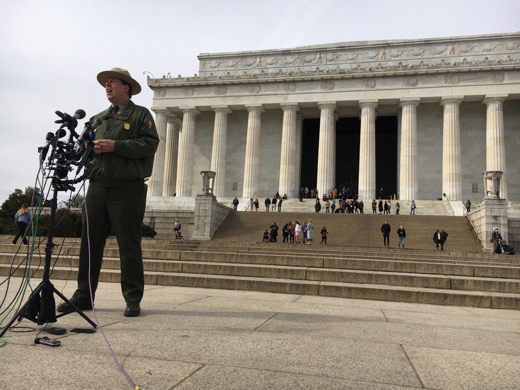 National Park Service spokesman Mike Litterst addresses reporters Feb. 21 about three acts of vandalism report at national monuments over the President's Day weekend. (WTOP/Kate Ryan)