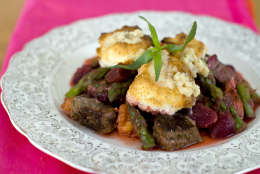 This Jan. 9, 2012 photo shows Rocco DiSpirito's recipe for Valentine's Day surf and turf cobbler in Concord, N.H.  This dish is thickened with a sweet puree of beets, instead of the usual butter, cream and flour.     (AP Photo/Matthew Mead)