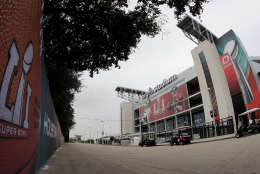 NRG Stadium, site of the NFL Super Bowl 51 football game, is pictured Saturday, Feb. 4, 2017, in Houston. The New England Patriots will face the Atlanta Falcons in the Super Bowl Sunday. (AP Photo/Charlie Riedel)