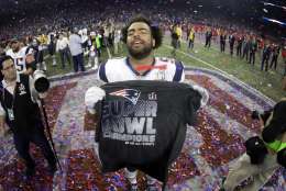 New England Patriots' Kyle Van Noy celebrates after the NFL Super Bowl 51 football game Sunday, Feb. 5, 2017, in Houston. The Patriots defeated the Atlanta Falcons 34-28 in overtime. (AP Photo/Mark Humphrey)