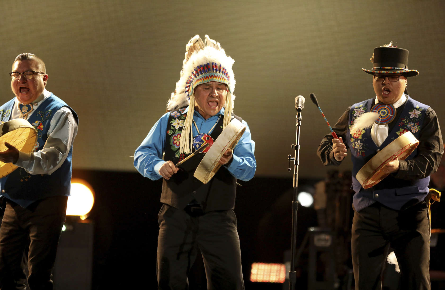 Northern Cree performs at the 59th annual Grammy Awards on Sunday, Feb. 12, 2017, in Los Angeles. (Photo by Matt Sayles/Invision/AP)