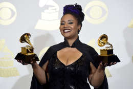 Lalah Hathaway poses in the press room with the awards for best traditional R&amp;B performance for "Angel" and best R&amp;B album for "Lalah Hathaway Live" at the 59th annual Grammy Awards at the Staples Center on Sunday, Feb. 12, 2017, in Los Angeles. (Photo by Chris Pizzello/Invision/AP)
