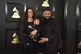 Nicole Tuck, from left, Asahd Tuck Khaled, and DJ Khaled arrive at the 59th annual Grammy Awards at the Staples Center on Sunday, Feb. 12, 2017, in Los Angeles. (Photo by Jordan Strauss/Invision/AP)