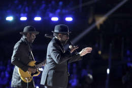Gary Clark Jr., left, and William Bell perform "Born Under a Bad Sign" at the 59th annual Grammy Awards on Sunday, Feb. 12, 2017, in Los Angeles. (Photo by Matt Sayles/Invision/AP)