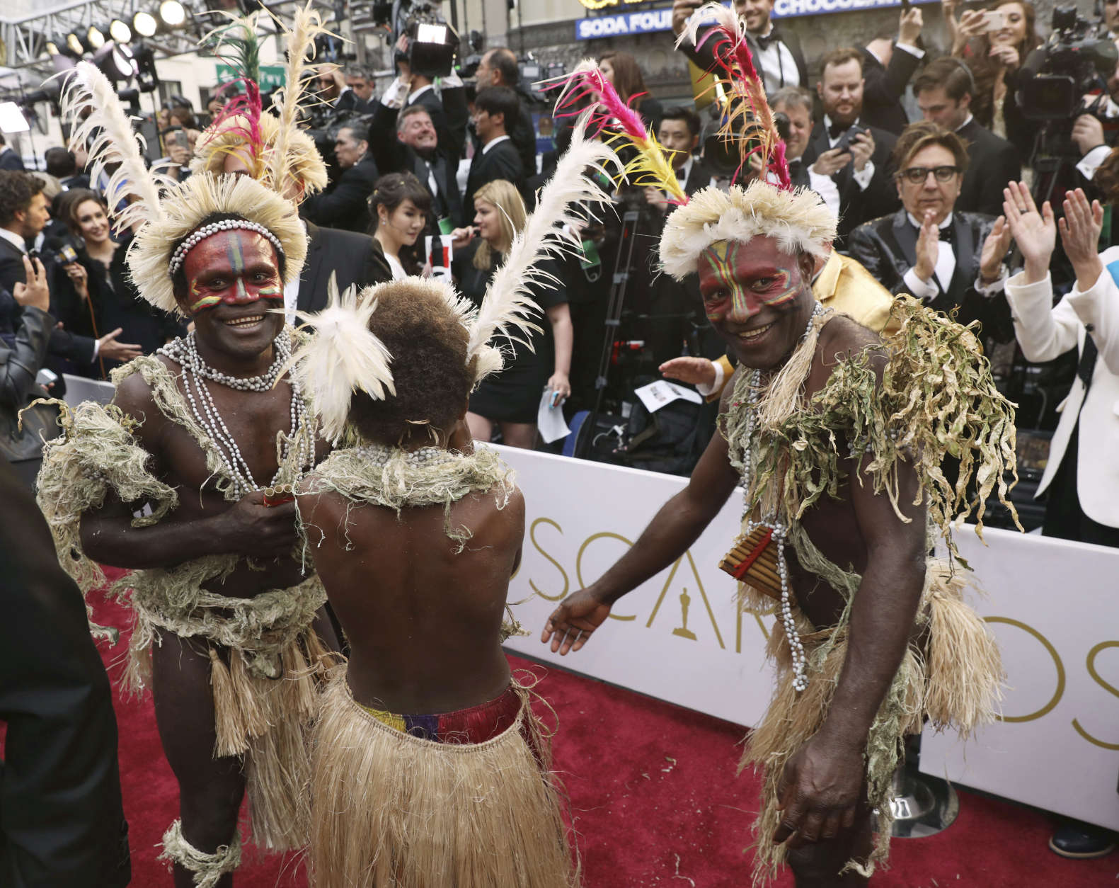 Members from the cast of "Tanna" arrive at the Oscars on Sunday, Feb. 26, 2017, at the Dolby Theatre in Los Angeles. (Photo by Matt Sayles/Invision/AP)