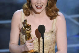 Emma Stone accepts the award for best actress in a leading role for "La La Land" at the Oscars on Sunday, Feb. 26, 2017, at the Dolby Theatre in Los Angeles. (Photo by Chris Pizzello/Invision/AP)