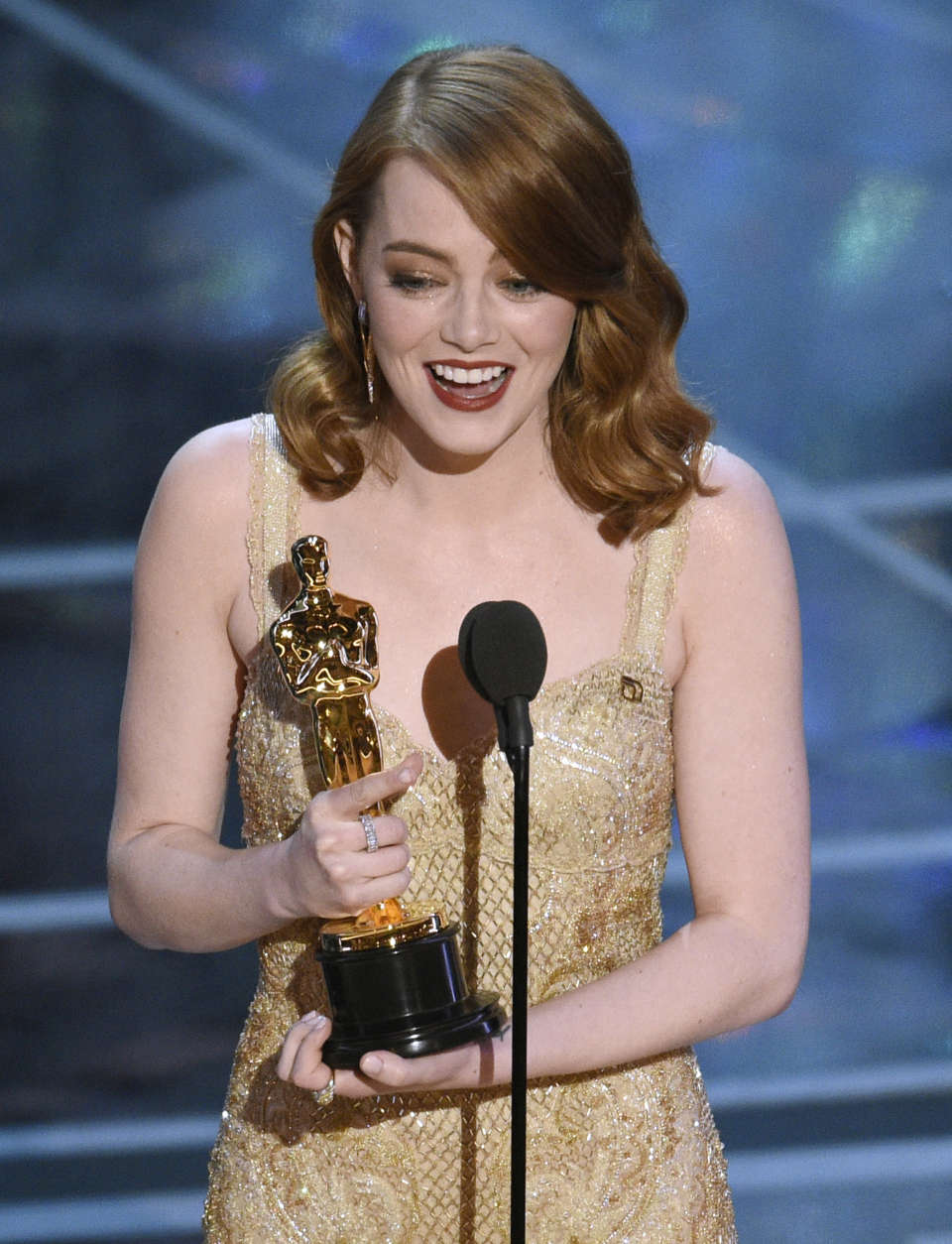Emma Stone accepts the award for best actress in a leading role for "La La Land" at the Oscars on Sunday, Feb. 26, 2017, at the Dolby Theatre in Los Angeles. (Photo by Chris Pizzello/Invision/AP)