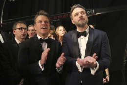 Matt Damon, left, and Ben Affleck appear backstage at the Oscars on Sunday, Feb. 26, 2017, at the Dolby Theatre in Los Angeles. (Photo by Matt Sayles/Invision/AP)