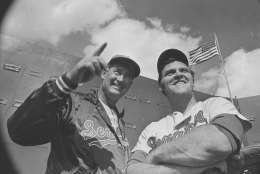 Washington Senators manager Ted Williams, left, points out features of the spring training camp to his new pitcher Denny McLain, recently acquired from the Detroit Tigers at Pompano Beach, Fla., Feb. 17, 1971.  Pitchers and catchers reported for their first workouts of the spring season.  (AP Photo)