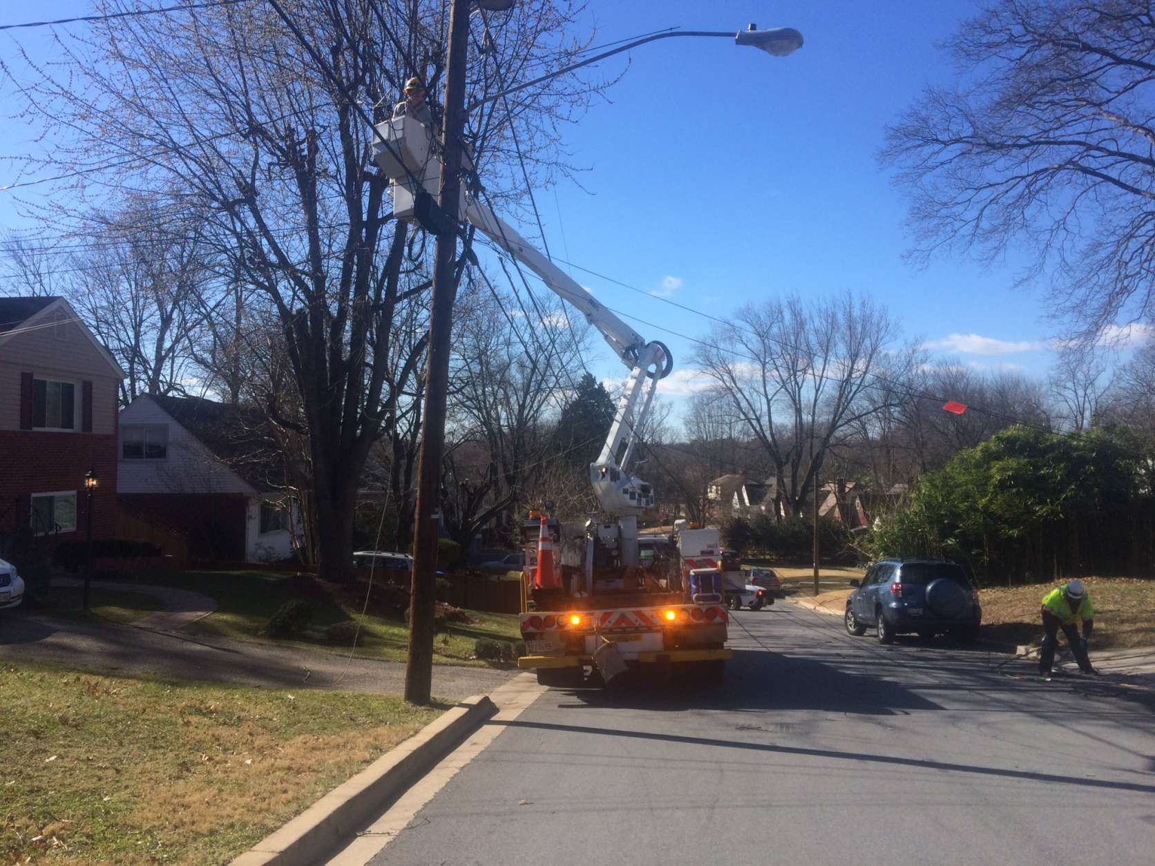 Wires were down and the road was closed between Lanark Way and Stirling Road in Silver Spring, Maryland. (Courtesy Pete Piringer)