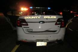 Montgomery County Police Officer Matthew Runkles' police cruiser was rear-ended by an alleged drunk driver on Norbeck Road in Collesville, Maryland around 6:30 p.m. Saturday, Feb. 18. (Courtesy Montgomery County Police Department)