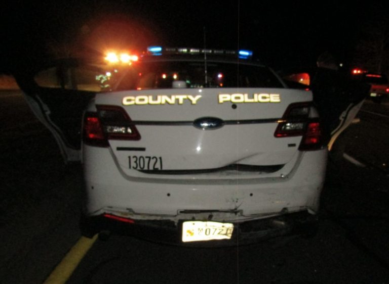 Montgomery County Police Officer Matthew Runkles' police cruiser was rear-ended by an alleged drunk driver on Norbeck Road in Collesville, Maryland around 6:30 p.m. Saturday, Feb. 18. (Courtesy Montgomery County Police Department)