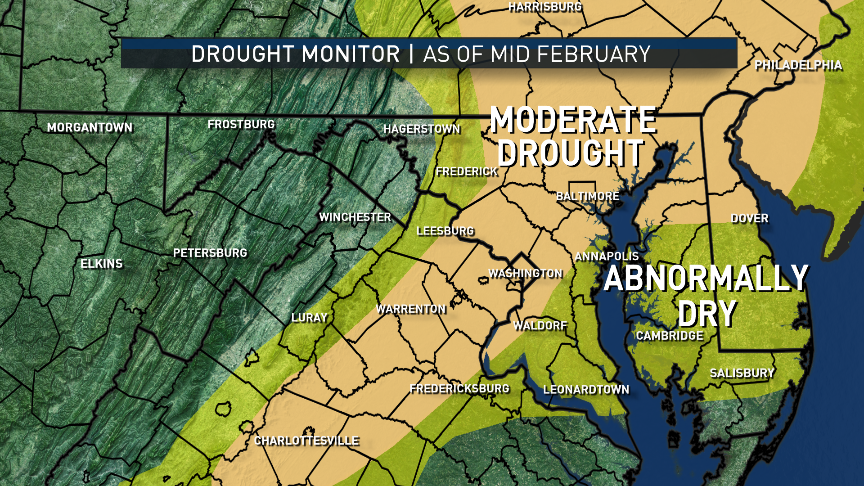 Again, most of the area is back to being designated as in "Moderate Drought," with groundwater and waterway effects but mostly very dry brush and topsoil concerns. In case you missed it, Storm Team 4 Meteorologist Lauryn Ricketts <a href="http://wtop.com/winter/2017/02/2017s-mild-winter-measures-history/">recently wrote a blog summary of the warm and dry winter</a>. 
 
(Data: Drought Monitor, U.S. Drought Mitigation Center; Graphics: Storm Team 4)

