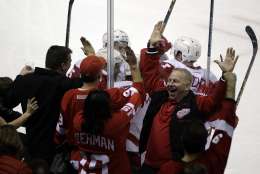 Fans celebrate a goal by Detroit Red Wings' Justin Abdelkader during the third period of an NHL hockey game against the San Jose Sharks Thursday, Jan. 7, 2016, in San Jose, Calif. Detroit won 2-1. (AP Photo/Marcio Jose Sanchez)