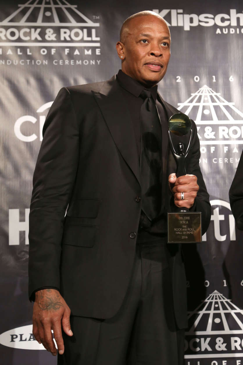 Dr. Dre of N.W.A poses in the press room at the 31st Annual Rock and Roll Hall of Fame Induction Ceremony at the Barclays Center on Friday, April 8, 2016, in New York. (Photo by Greg Allen/Invision/AP)