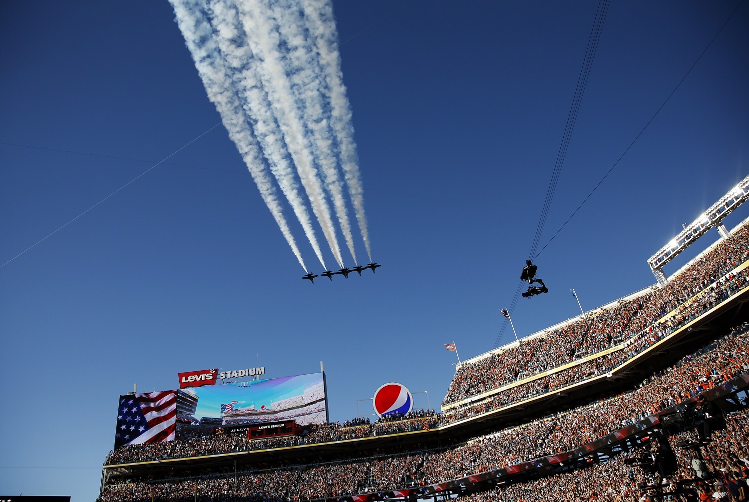 Planes perform a flyover before the NFL Super Bowl 50 football game Sunday, Feb. 7, 2016, in Santa Clara, Calif. (AP Photo/Matt Slocum)