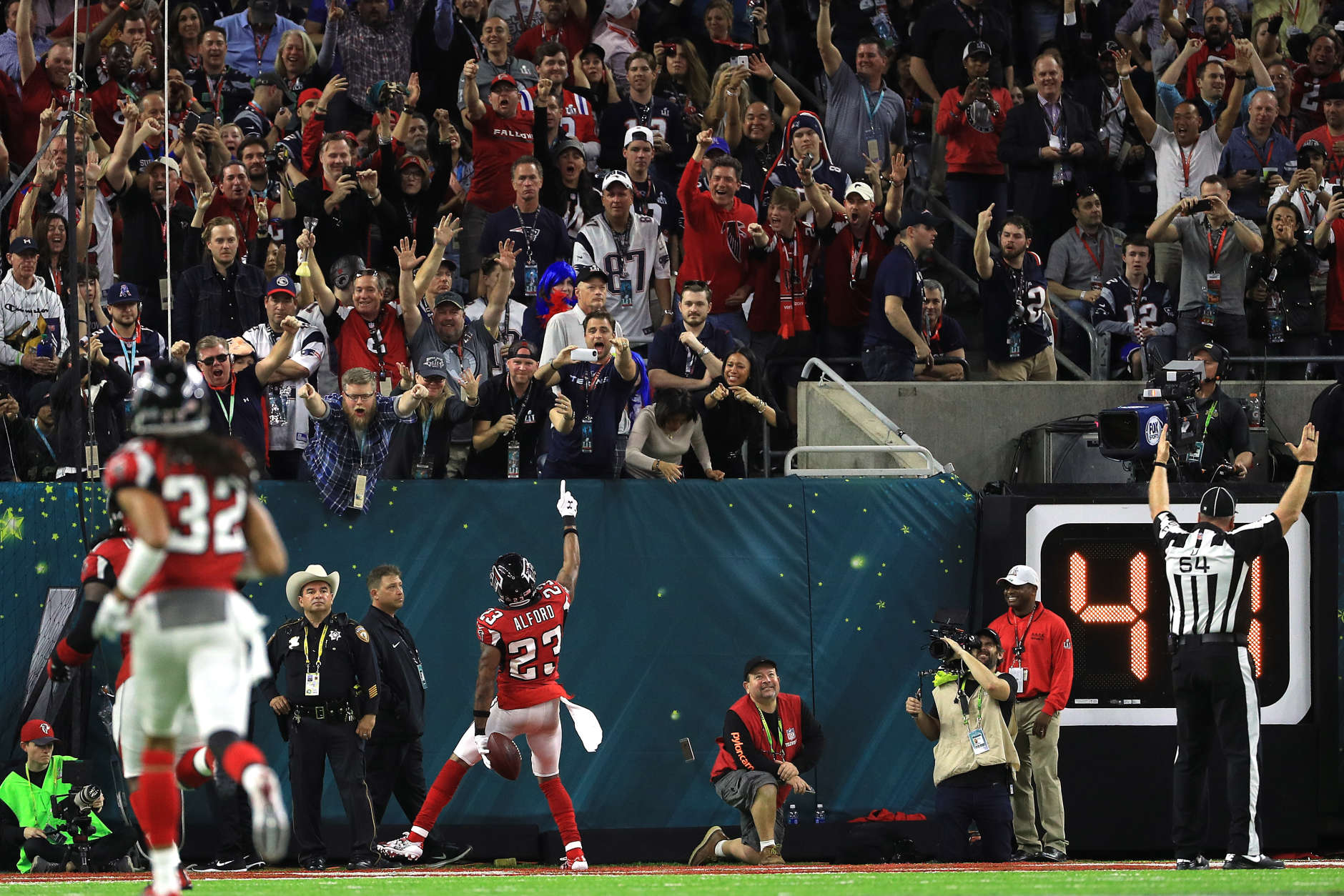 HOUSTON, TX - FEBRUARY 05: Robert Alford #23 of the Atlanta Falcons celebrates his interception touchdown during the second quarter against the New England Patriots during Super Bowl 51 at NRG Stadium on February 5, 2017 in Houston, Texas.  (Photo by Mike Ehrmann/Getty Images)