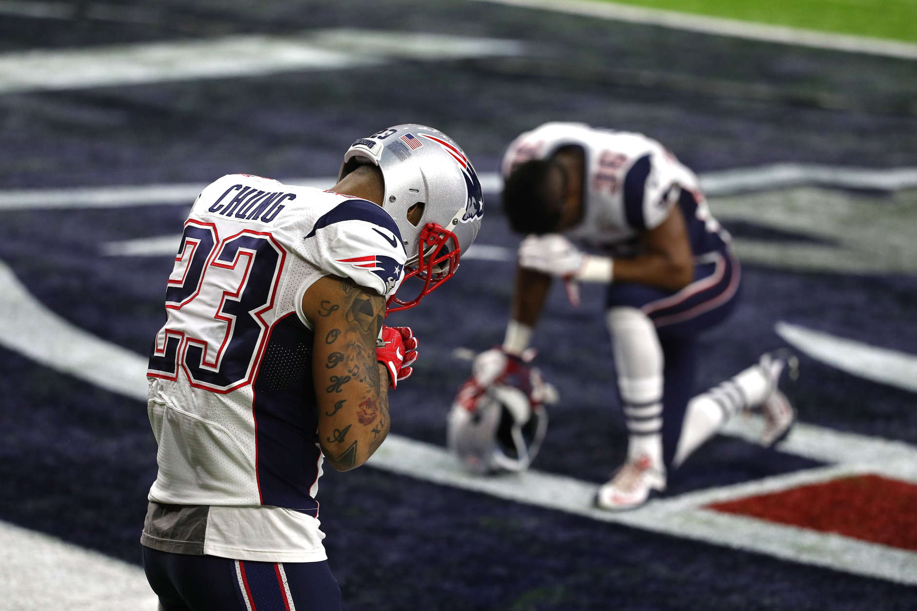 HOUSTON, TX - FEBRUARY 05: Patrick Chung #23 of the New England Patriots takes a moment prior to Super Bowl 51 against the Atlanta Falcons at NRG Stadium on February 5, 2017 in Houston, Texas.  (Photo by Patrick Smith/Getty Images)