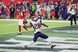 HOUSTON, TX - FEBRUARY 05:  James White #28 of the New England Patriots celebrates rushing for a 1-yard touchdown in the fourth quarter against the Atlanta Falcons during Super Bowl 51 at NRG Stadium on February 5, 2017 in Houston, Texas.  (Photo by Jamie Squire/Getty Images)
