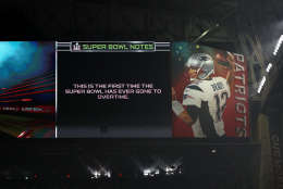 HOUSTON, TX - FEBRUARY 05:  A general view of the scoreboard is seen stating this is the first Super Bowl to ever go to overtime during Super Bowl 51 between the New England Patriots and the Atlanta Falcons at NRG Stadium on February 5, 2017 in Houston, Texas.  (Photo by Patrick Smith/Getty Images)