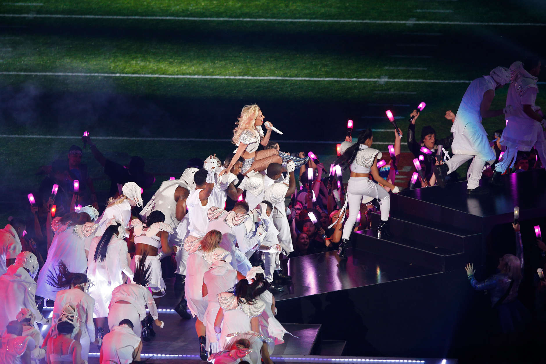 HOUSTON, TX - FEBRUARY 05:  Lady Gaga performs during the Pepsi Zero Sugar Super Bowl 51 Halftime Show at NRG Stadium on February 5, 2017 in Houston, Texas.  (Photo by Bob Levey/Getty Images)