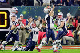 HOUSTON, TX - FEBRUARY 05:  Tom Brady #12 of the New England Patriots reacts after defeating the Atlanta Falcons 34-28 in overtime during Super Bowl 51 at NRG Stadium on February 5, 2017 in Houston, Texas.  (Photo by Jamie Squire/Getty Images)
