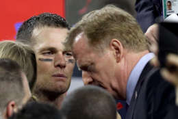 HOUSTON, TX - FEBRUARY 05: Tom Brady #12 of the New England Patriots talks with NFL Commissioner Roger Goodell after the Patriots defeat the Atlanta Falcons 34-28 in overtime of Super Bowl 51 at NRG Stadium on February 5, 2017 in Houston, Texas.  (Photo by Patrick Smith/Getty Images)