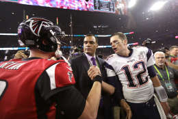 HOUSTON, TX - FEBRUARY 05:  Tom Brady #12 of the New England Patriots speaks to Matt Ryan #2 of the Atlanta Falcons after winning Super Bowl 51 at NRG Stadium on February 5, 2017 in Houston, Texas. The Patriots defeated the Falcons 34-28.  (Photo by Ronald Martinez/Getty Images)