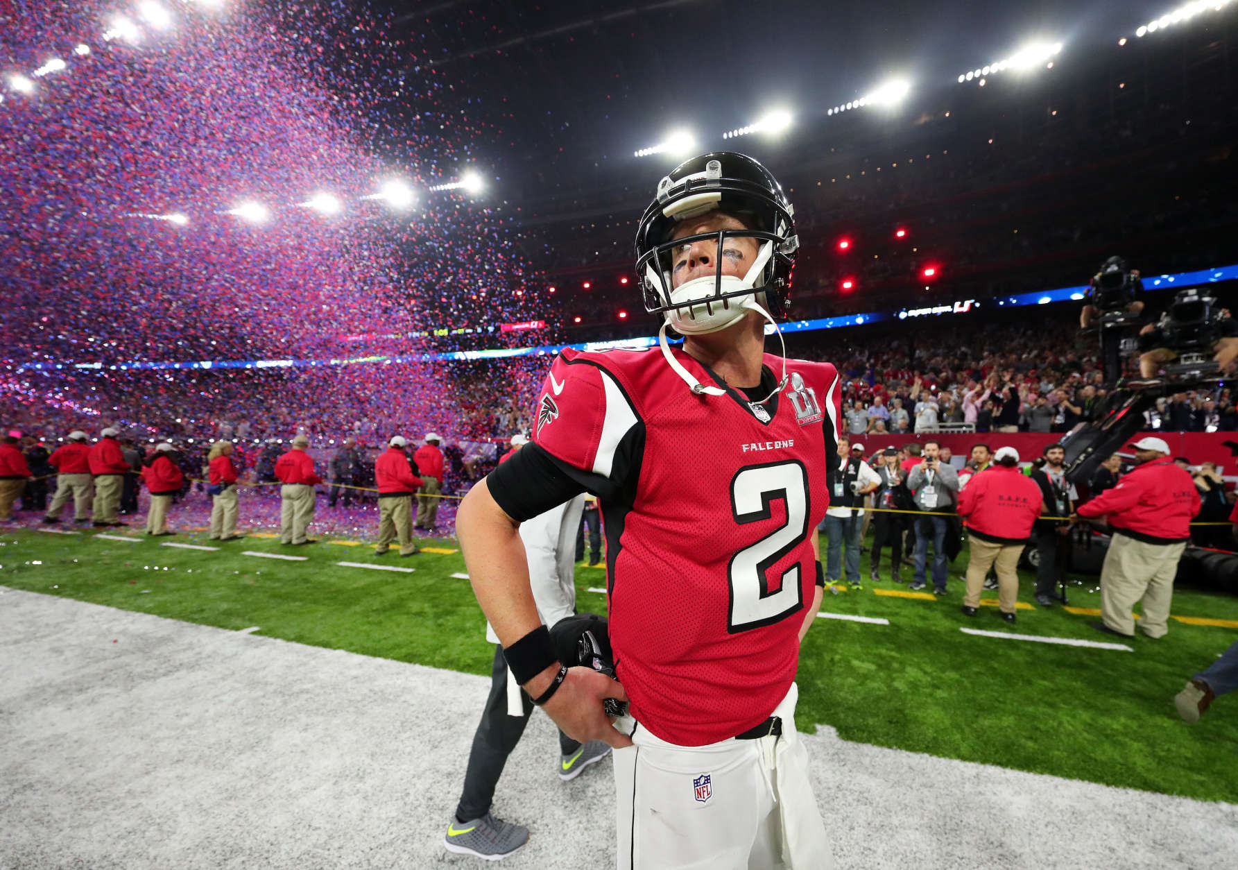 HOUSTON, TX - FEBRUARY 05:  Matt Ryan #2 of the Atlanta Falcons walks off the field after losing 34-28 to the New England Patriots during Super Bowl 51 at NRG Stadium on February 5, 2017 in Houston, Texas.  (Photo by Tom Pennington/Getty Images)