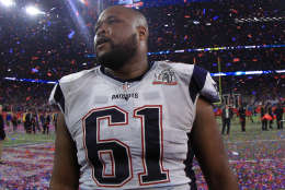 HOUSTON, TX - FEBRUARY 05: Marcus Cannon #61 of the New England Patriots celebrates after his team wins super bowl 51 against the Atlanta Falcons at NRG Stadium on February 5, 2017 in Houston, Texas. The New England Patriots defeated the Atlanta Falcons 34-28.  (Photo by Mike Ehrmann/Getty Images)
