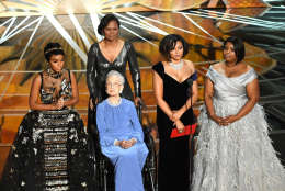 HOLLYWOOD, CA - FEBRUARY 26:  NASA mathematician Katherine Johnson (2nd L) appears onstage with (L-R) actors Janelle Monae, Taraji P. Henson and Octavia Spencer during the 89th Annual Academy Awards at Hollywood &amp; Highland Center on February 26, 2017 in Hollywood, California.  (Photo by Kevin Winter/Getty Images)